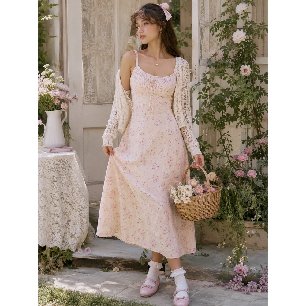 Sim & Sam Pink Floral Milkmaid Midi Dress XS Linen Blend Cottagecore Soft Girl
